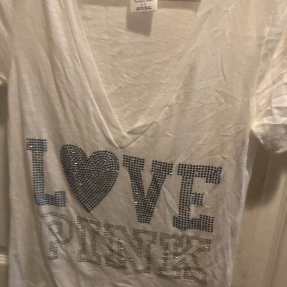 PINK Victoria's Secret White Tee with Silver Accents and Blue - Picture 3 of 6